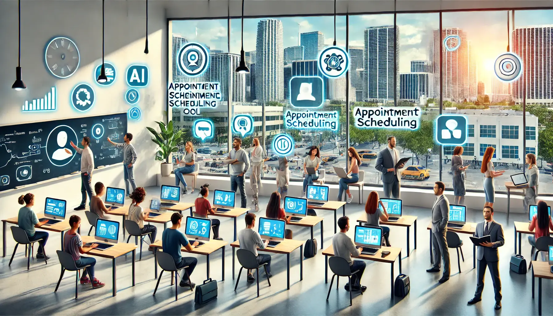 Modern classroom in Miami with students and teachers using AI-driven appointment scheduling tools on digital devices, with the city's skyline visible through large windows