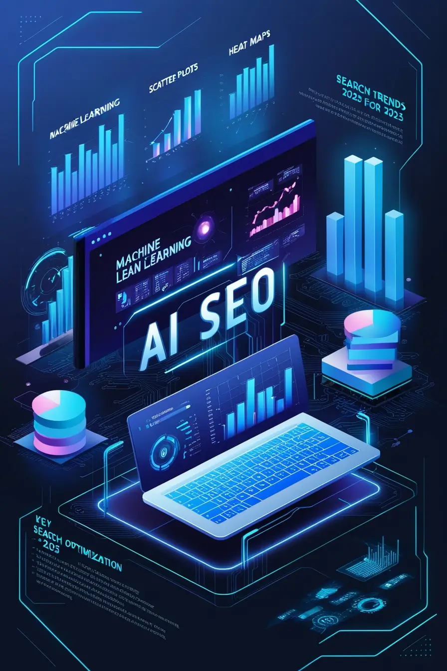 A visual representation of AI SEO tools showcasing machine learning dashboards, data analytics, and optimization graphs, highlighting emerging SEO trends for 2025.</p>
<p>