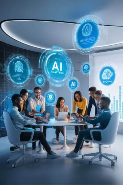 A modern team working on laptops and tablets, surrounded by digital icons for AI, keywords, and analytics, with a futuristic background showcasing growth and technology.