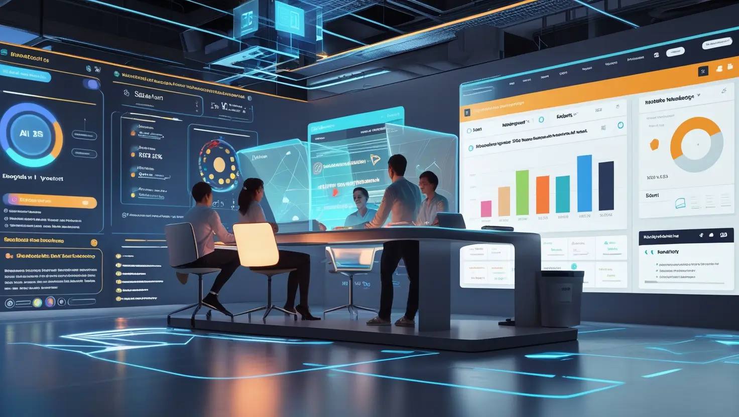A futuristic digital marketing workspace showcasing AI-driven SEO tools and Agile workflow charts with a collaborative team and holographic displays