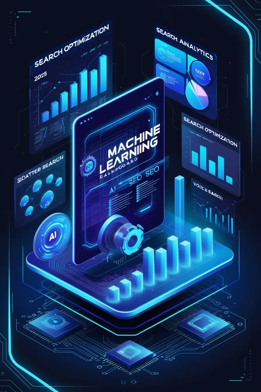 An illustration of AI SEO tools featuring machine learning dashboards, data analytics, and search optimization graphs, highlights key trends and insights for SEO in 2025.