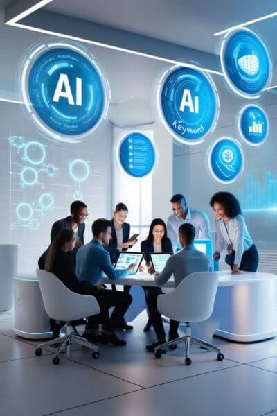 A high-tech workspace with professionals using digital tools, surrounded by glowing AI, keyword, and analytics icons, symbolizing Agile SEO methodologies in a futuristic setting