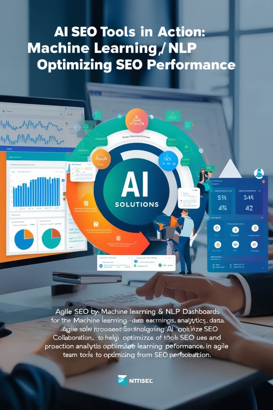 A visual representation showcasing AI SEO tools like machine learning and NLP in action, featuring real-time analytics, data dashboards, and collaborative team members working on SEO strategies to optimize performance with Agile solutions.
