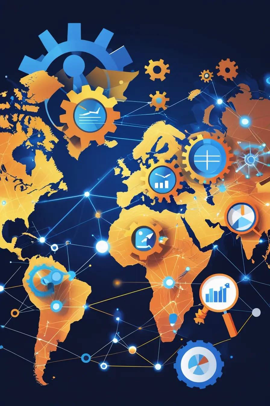 Abstract representation of Agile SEO solutions with interconnected gears and nodes symbolizing Agile workflows, integrated with AI tools like charts, magnifying glasses, and website optimization symbols. A glowing world map in the background highlights the global impact of modern SEO strategies