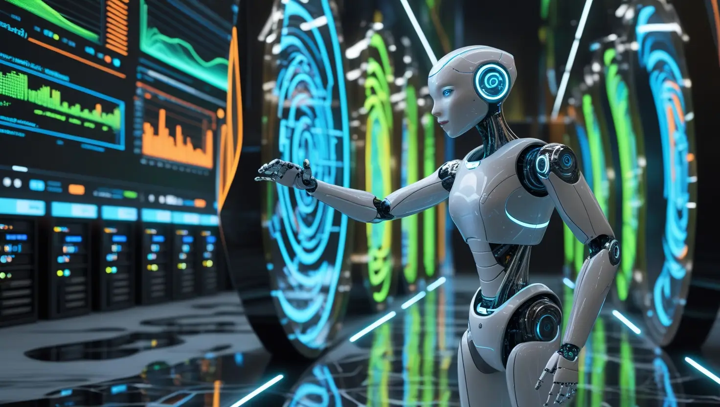 A futuristic AI robot analyzing data and optimizing SEO strategies in a high-tech digital marketing environment