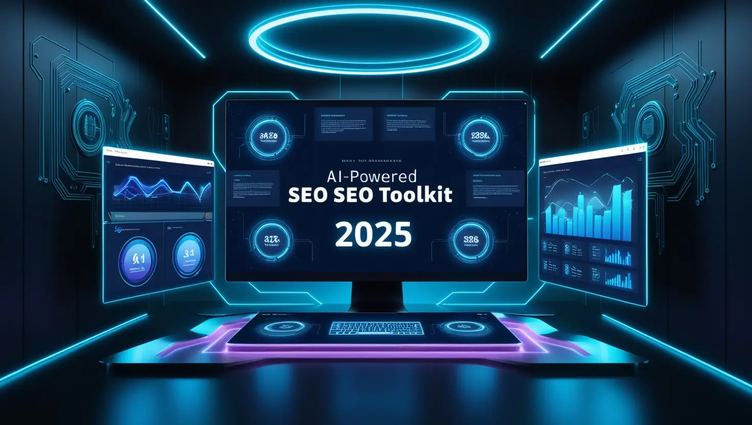 An AI-powered SEO toolkit showcasing futuristic tools, algorithms, and strategies for optimizing SEO in 2025, featuring digital interfaces, interactive dashboards, and analytics showcasing AI-driven insights