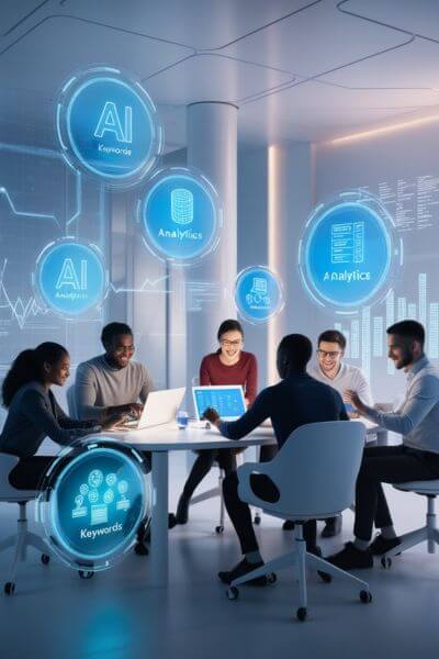 A futuristic scene with a collaborative team using AI-powered devices, surrounded by vibrant icons of analytics and keywords, embodying the fusion of Agile and SEO