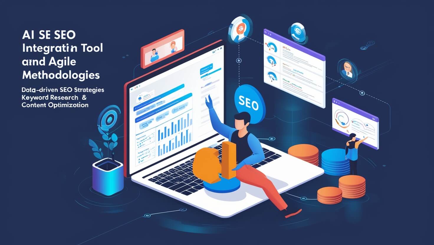 An illustration depicting the integration of AI SEO tools and Agile methodologies, featuring a modern, tech-focused workspace. The image showcases data-driven SEO strategies, including keyword research, content optimization, and real-time analytics, with team members collaborating on digital devices