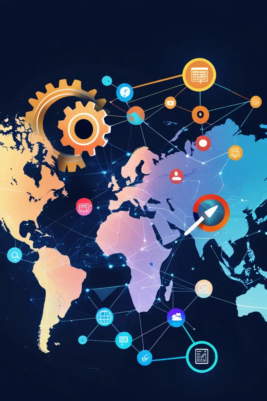 Digital representation of Agile SEO solutions featuring interconnected gears and nodes for workflows, complemented by AI-driven charts and optimization symbols. The glowing backdrop world map symbolizes the worldwide influence of advanced SEO strategies
