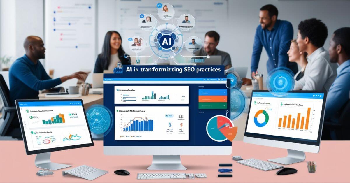 An AI-powered interface showing keyword research tools, content optimization dashboards, and predictive analytics. Agile workflow with project sprints and team collaboration visible in the background.