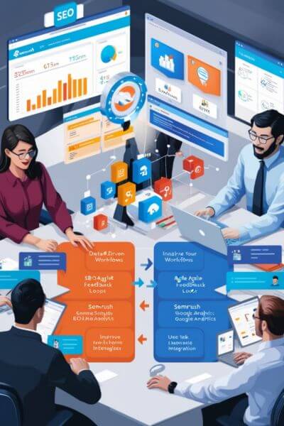 A collaborative workspace where SEO professionals use AI tools like Google Analytics to analyze trends, with Agile task boards and sprints highlighting iterative workflows.