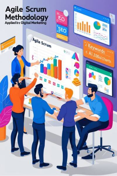 Team using Agile Scrum methodology to optimize SEO strategies with AI tools.