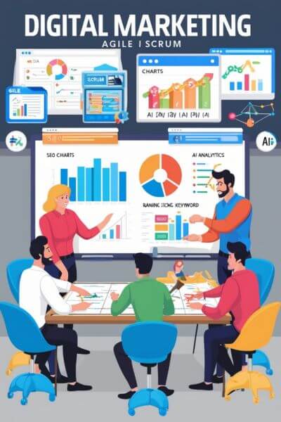 Digital marketers planning SEO improvements with Agile Scrum and AI insights."
