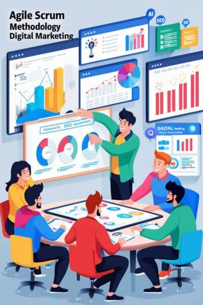 SEO team brainstorming Agile Scrum strategies with AI-powered solutions