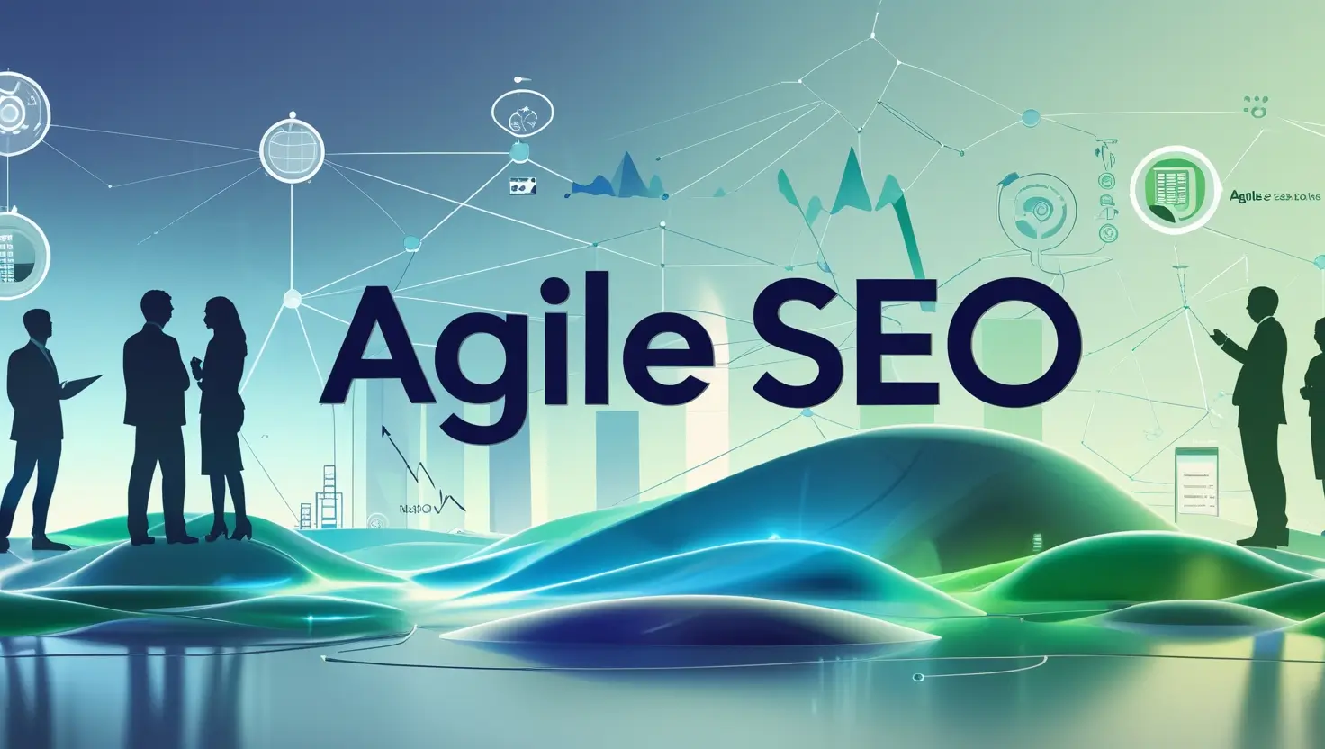A futuristic representation of Agile SEO with AI tools, interconnected nodes, and diverse audience collaboration for digital marketing success.