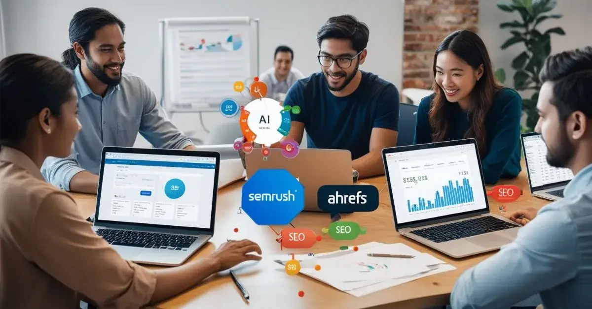 Agile team members collaborating in a workspace, using AI SEO tools on laptops to analyze real-time data and optimize keywords