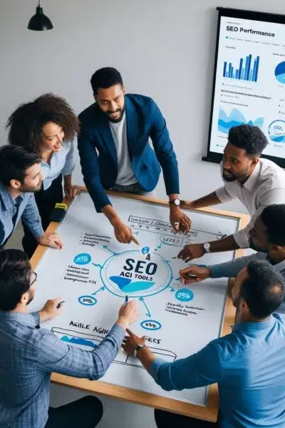 Agile team members discussing SEO strategies while leveraging AI tools, with data insights and performance metrics displayed on a digital screen