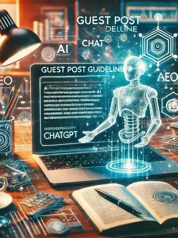 A futuristic holographic AI robot emerging from a laptop screen, surrounded by text such as "Guest Post Guidelines," "ChatGPT," "AI," and "SEO," in a creative workspace setting with books, pens, and glowing digital elements.