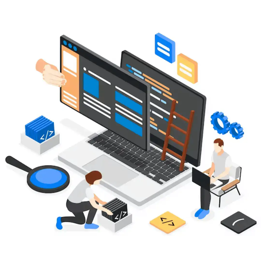 An isometric illustration showcasing a collaborative software development scene with individuals working on code and design elements on a laptop and surrounding tools.