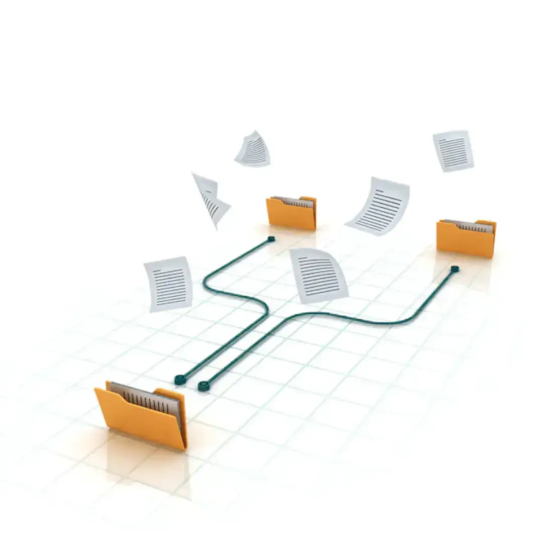 A conceptual illustration showing yellow file folders interconnected with digital pathways, symbolizing the transfer and organization of documents. Loose papers are floating above, representing document flow.