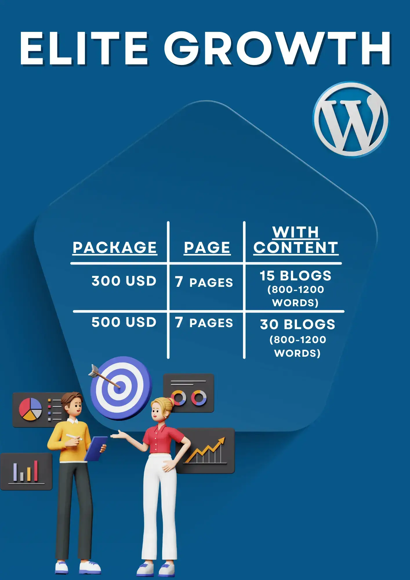 Flyer displaying WordPress service packages with pricing for pages and blog content, featuring professional icons and charts.