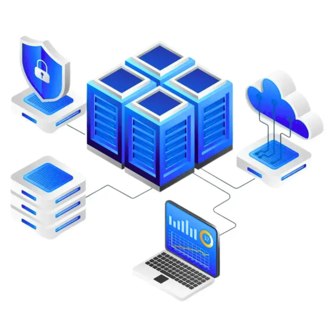 "Illustration of a networked data server system, featuring blue servers, a secure shield icon, cloud storage, and a connected laptop displaying analytics.