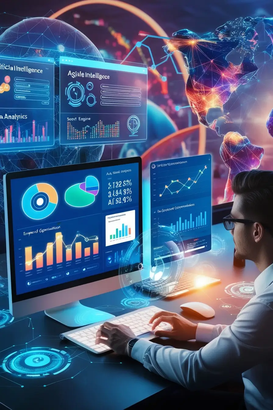 Futuristic digital workspace showcasing AI-driven SEO analytics 