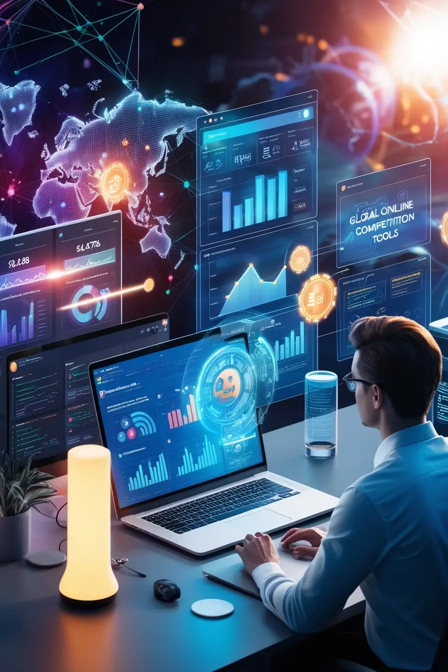 Futuristic digital workspace showcasing AI-driven SEO analytics and task boards with a professional interacting via a holographic interface in a vibrant, fast-paced digital setting.