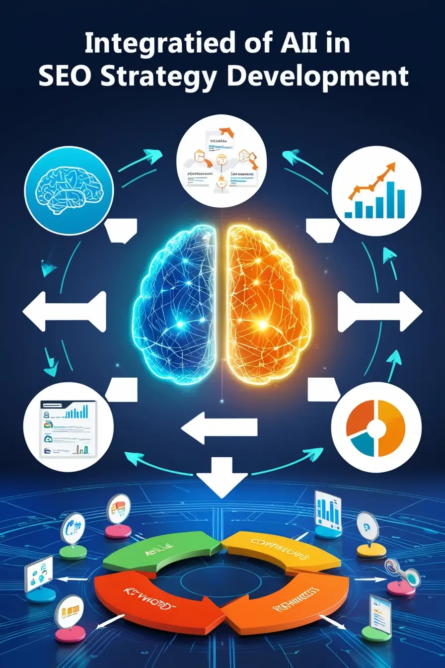 Futuristic illustration showing the integration of AI-driven SEO tools with Agile workflows, featuring interconnected graphs, a glowing AI brain, and circular workflow diagrams.