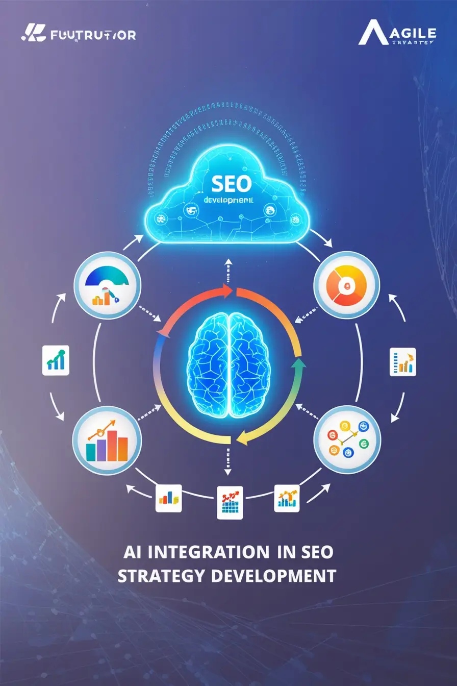 AI-driven SEO tools and Agile frameworks with a glowing AI brain, showcasing continuous workflow improvement and analytics-driven SEO performance
