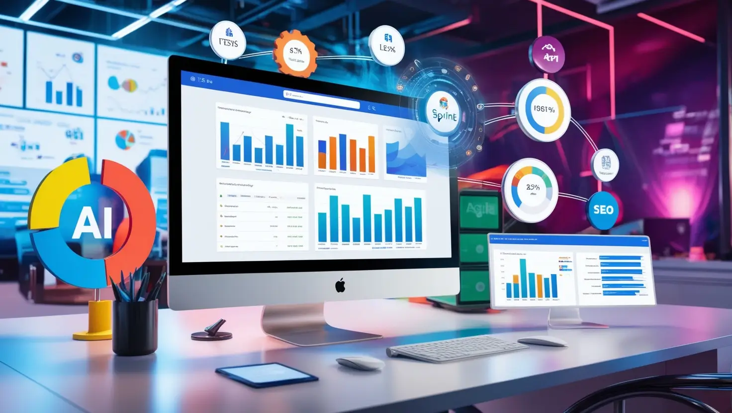 A futuristic workspace featuring a sleek computer displaying an AI-powered SEO dashboard, surrounded by charts, data analytics, and icons representing agile methodologies like sprints and iterations. The environment blends technology with creativity, creating a professional and innovative ambiance