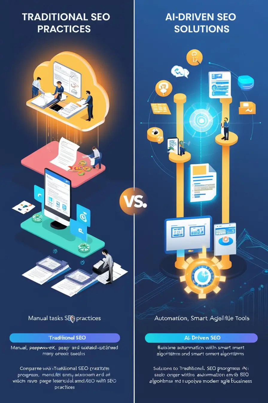 Comparison of traditional SEO with manual processes versus AI-driven SEO with automation and smart tools