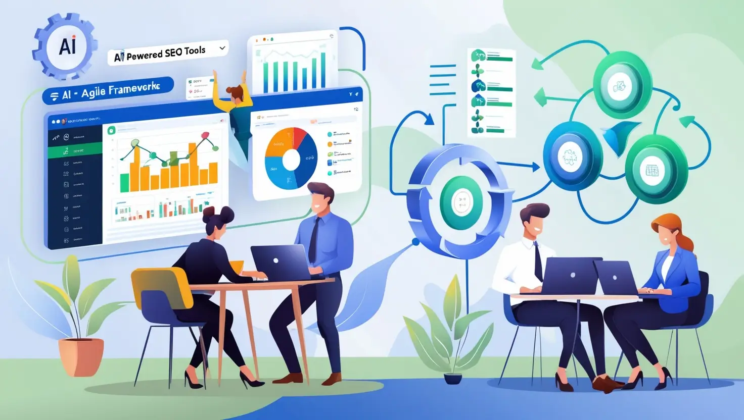AI-powered SEO tools and Agile frameworks collaboration showing data-driven analytics, team collaboration, and interconnected workflow processes