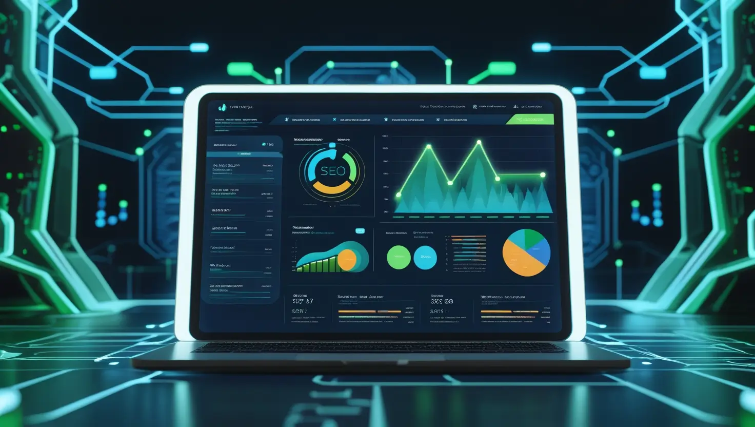 A futuristic digital interface showcasing AI-powered SEO tools with graphs, analytics, and search engine results, set against a modern background of glowing blue and green technology patterns, emphasizing innovation in SEO strategies for 2025