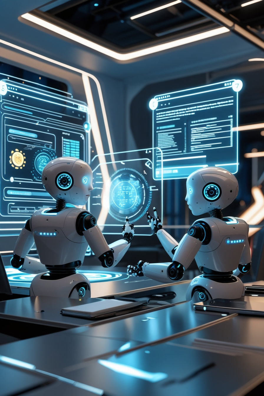 AI-powered robots analyzing SEO ,ai in seo ,strategies on holographic screens in a high-tech workspace