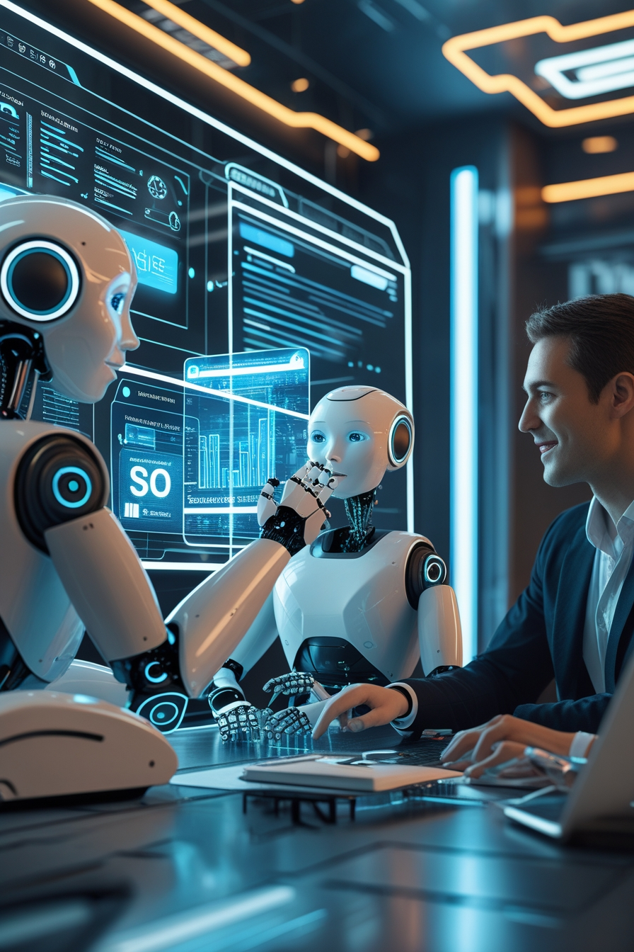 Futuristic AI-driven workspace with robots optimizing SEO algorithms and personalized content strategies ai in seo 