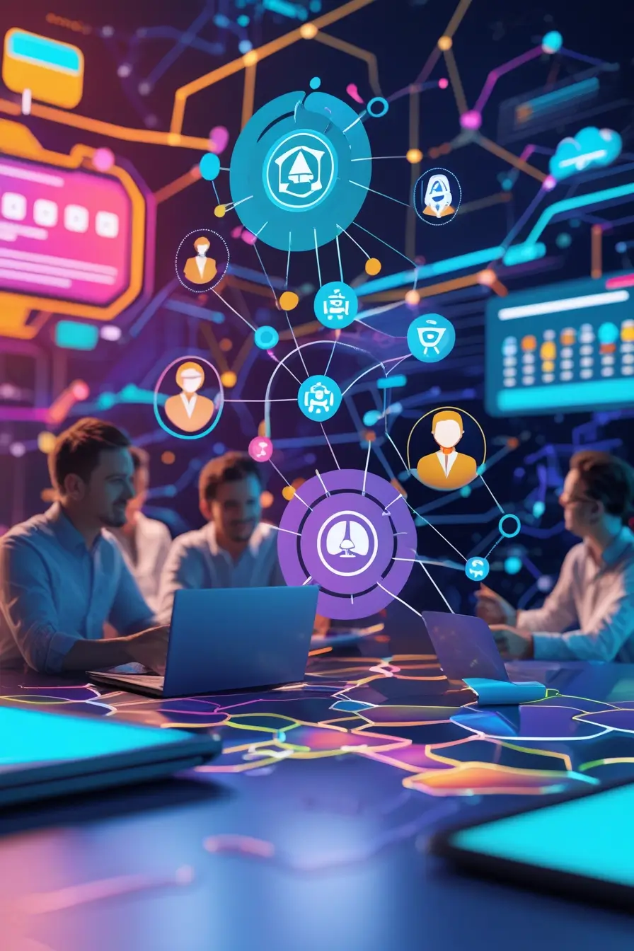 An abstract representation showcasing the integration of Agile processes and AI in SEO. The image features interconnected nodes, keywords, and AI icons merging with a collaborative digital marketing team. Vibrant futuristic colors and a dynamic digital dashboard highlight the synergy between AI-driven insights and Agile workflows.
