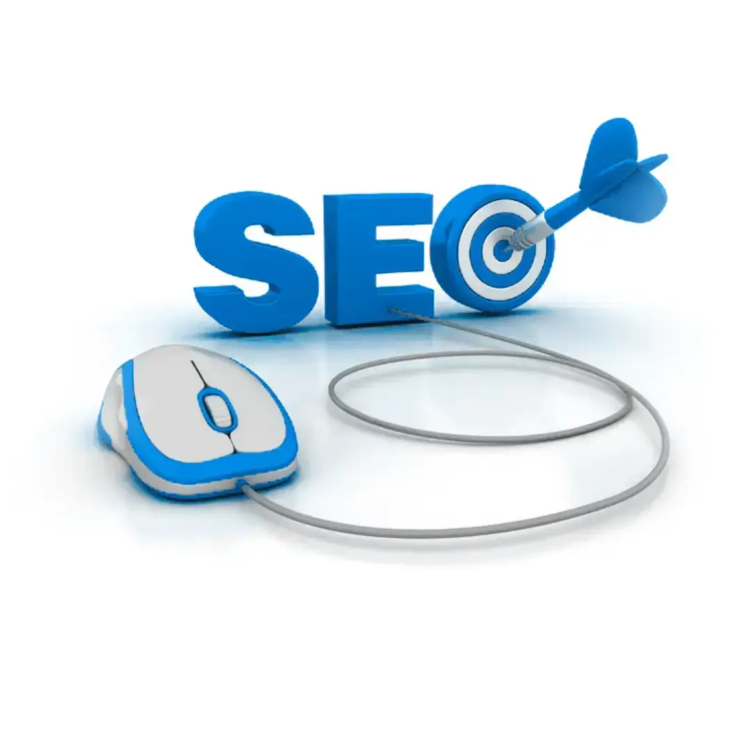 A 3D illustration of the word "SEO" with a target symbol and dart, accompanied by a computer mouse, symbolizing digital marketing and search engine optimization.