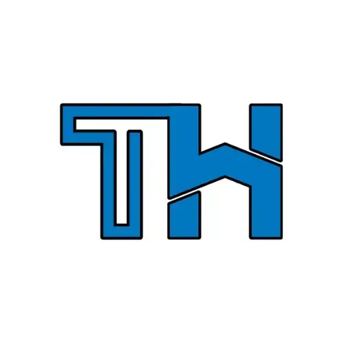 A minimalist blue "TH" logo with bold, geometric lines and a modern design aesthetic.