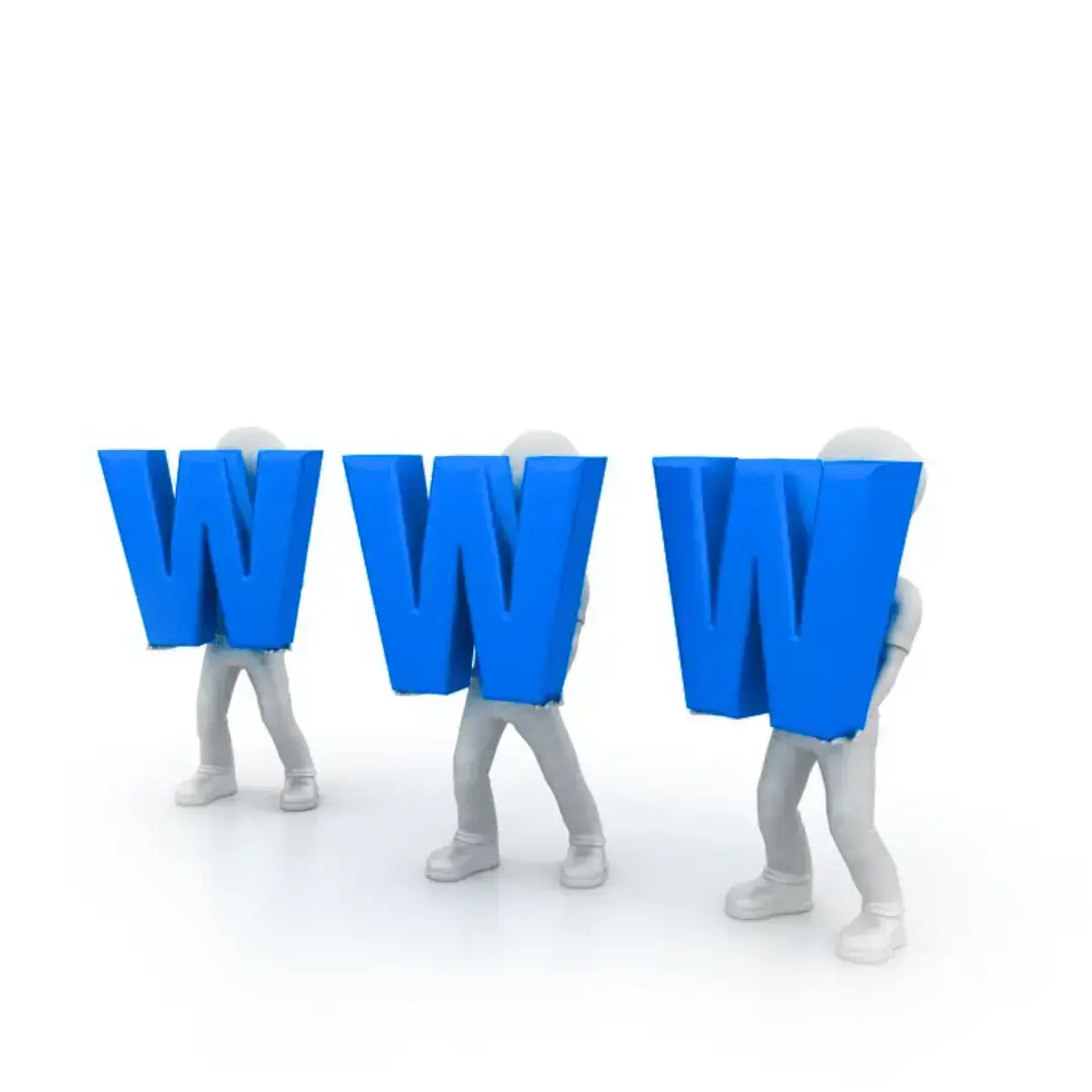 3D figures carrying large blue "W" letters, symbolizing collaboration in constructing the "WWW" or World Wide Web.