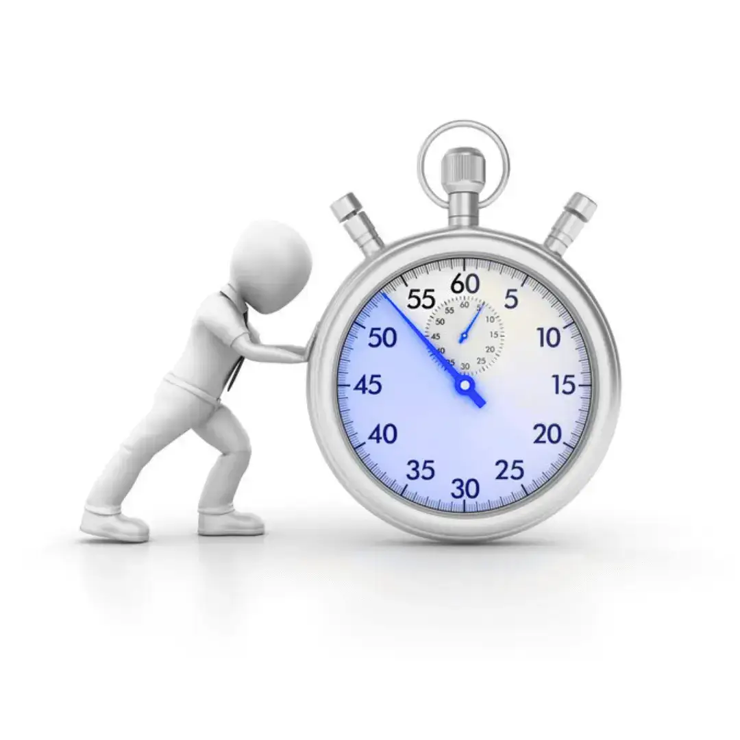 A 3D figure pushing against a large stopwatch, symbolizing the effort to manage or control time effectively.