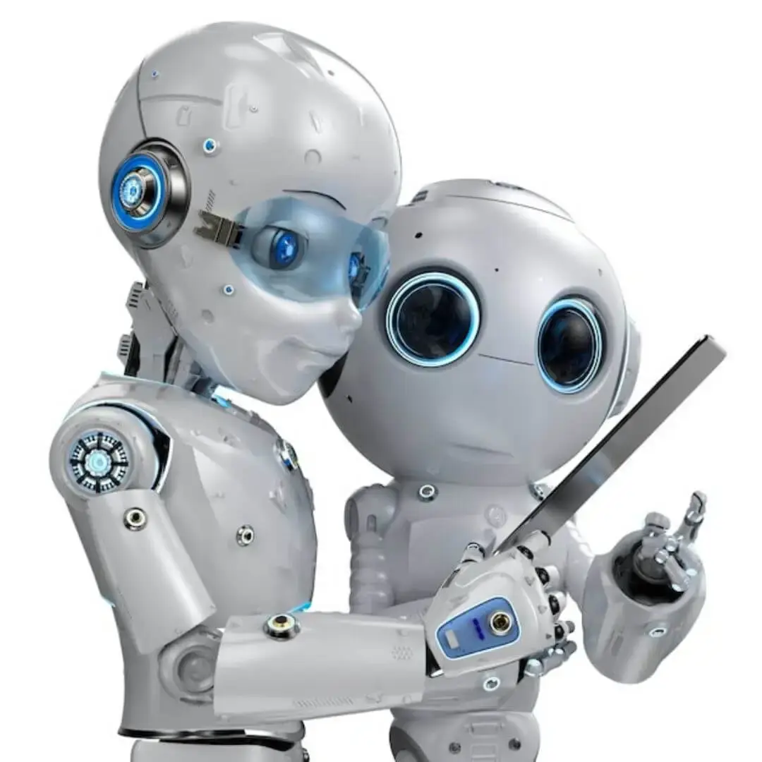 Two futuristic AI robots holding a tablet, engaged in a focused discussion, with a clean white background.