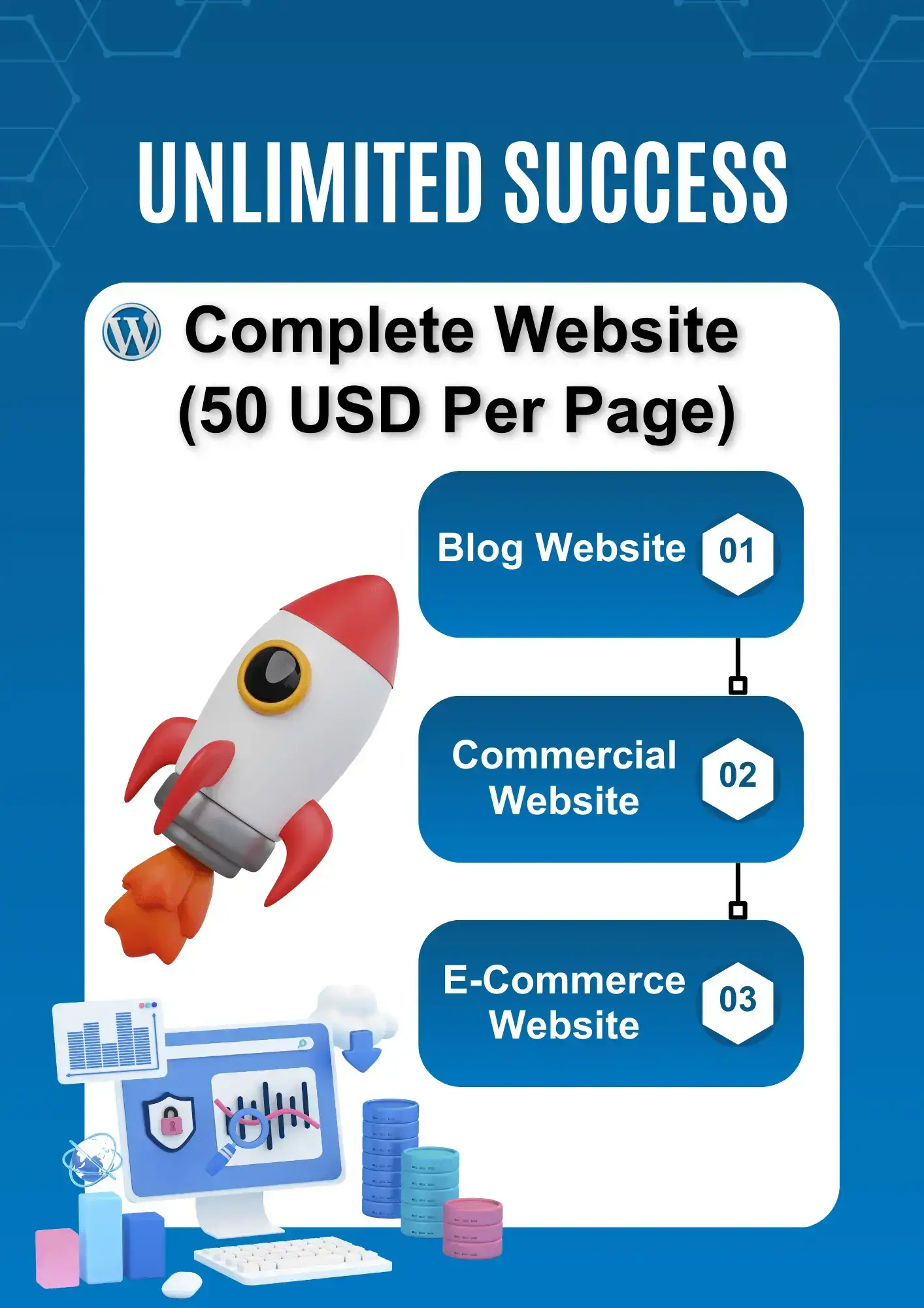 Promotional graphic featuring WordPress website development services with a rocket and three website types: blog, commercial, and e-commerce.