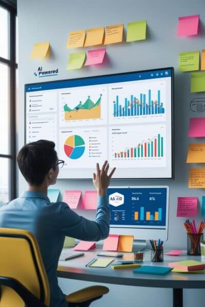 An advanced office featuring a marketer using an AI-driven SEO dashboard with visualized data, agile planning boards, and sticky notes for effective project management.
