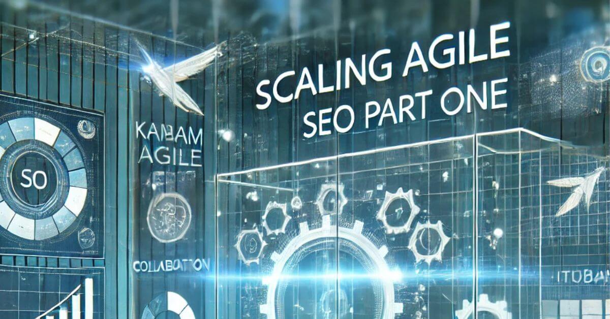 Illustration representing 'Scaling Agile: SEO Part One' with futuristic workspace visuals, team collaboration, and SEO growth charts