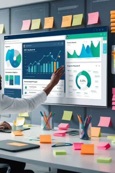 A marketer in a futuristic office analyzing an AI-powered SEO dashboard with interactive graphs, keyword analytics, and real-time data, surrounded by agile task boards and sticky notes.