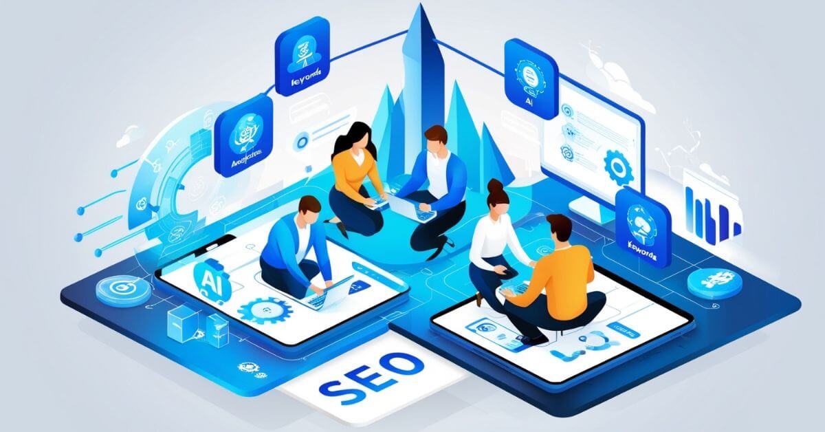 A futuristic illustration depicting a dynamic team collaborating on digital devices, surrounded by icons representing AI, analytics, and keywords, symbolizing Agile methodologies and SEO innovation. The vibrant blue and white theme highlights technology and progress.