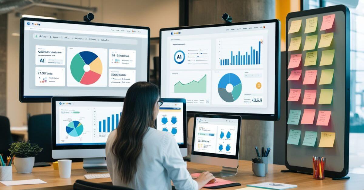 A digital marketer working in a modern workspace with multiple screens displaying SEO data, AI tools, graphs, and agile project management boards.