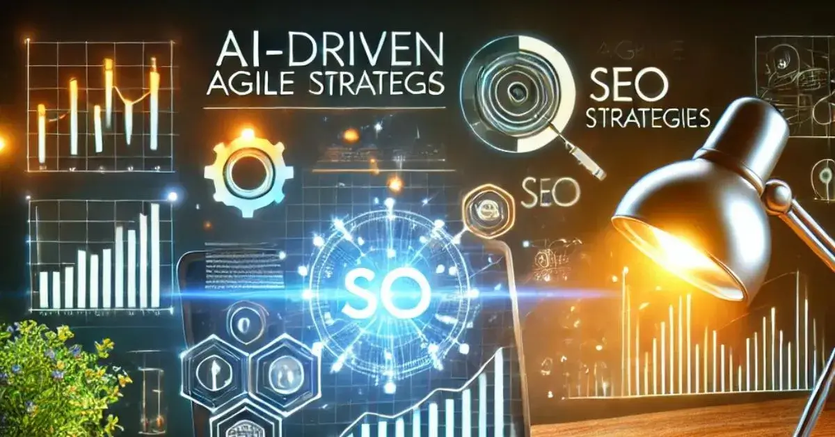 An illustration depicting a workspace featuring a laptop displaying data analytics, SEO tools, and graphs, symbolizing AI-driven Agile SEO strategies for modern SEO optimization.
