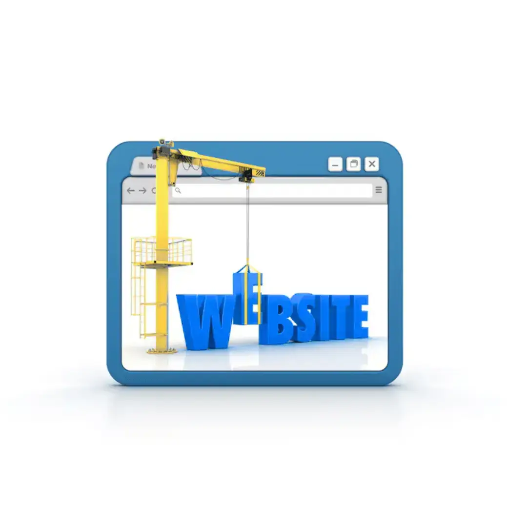 3D illustration of a website interface with the word "Website" being constructed by a crane.